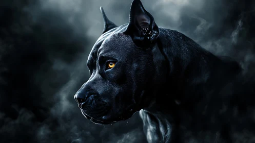 Intense black dog emerges from smoky shadows in profile