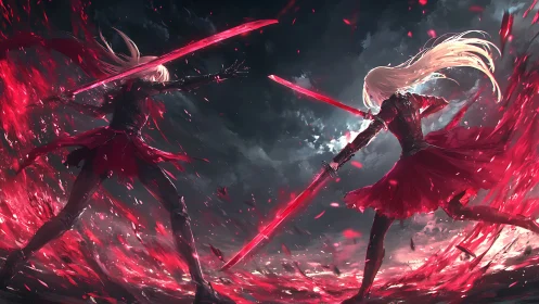 Opposed sword wielders within red energy vortex field.