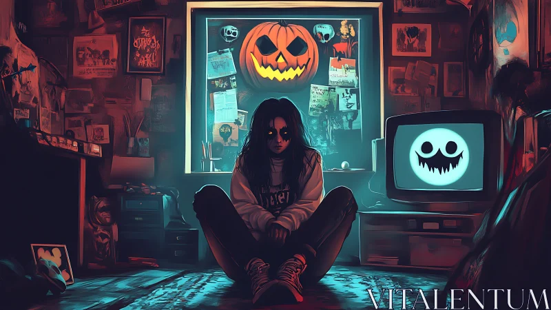 Gothic teen sits in neon room under looming jack o lantern