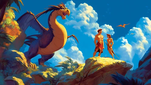 Sunlit cliffside pact unites dragon guardian and brave pair