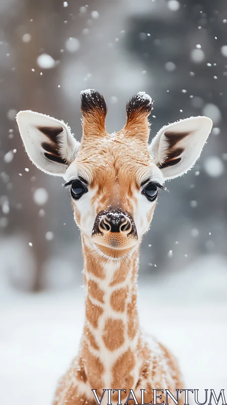 Curious baby giraffe enjoying a gentle winter snowfall.
