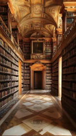 Baroque library aisle under ornate vaulted ceiling glow.