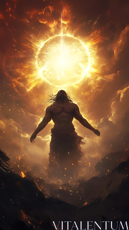 Radiant fire titan rising beneath a blazing newborn sun.
