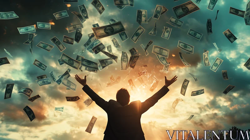 Storm of dollar bills crowns a sunset-struck dreamer.