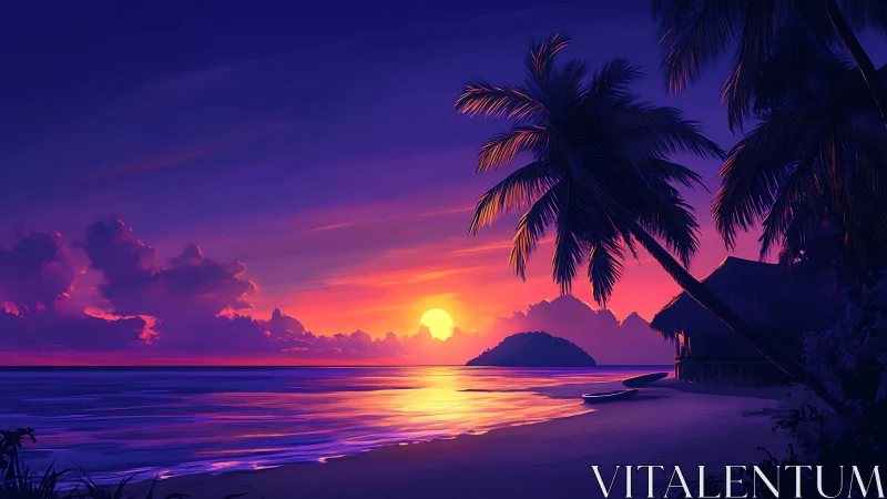 Tropical beach sunset with palm silhouettes and calm sea.