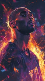 High-contrast neon portrait with dynamic flame-like bokeh effects