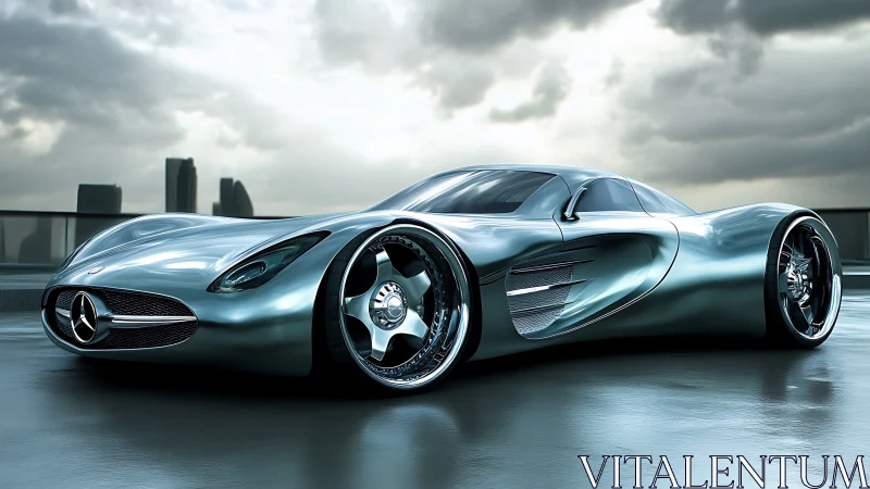Sculpted silver supercar under stormy urban skyline.