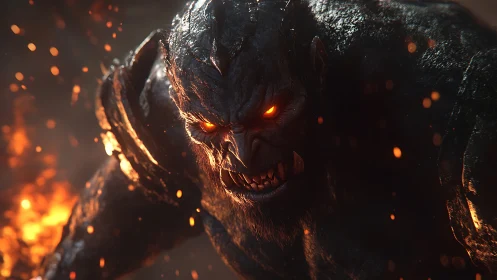 Demonic molten-skinned creature with glowing embers and fanged snarl
