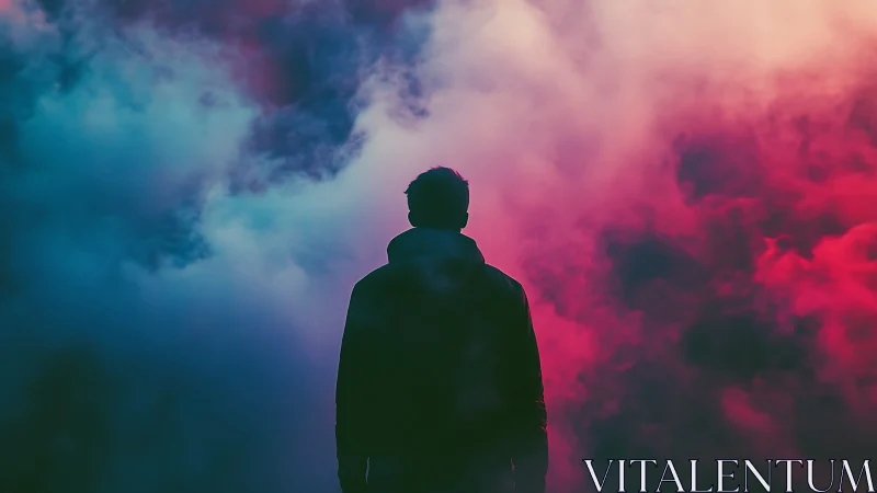 Silhouetted figure in neon misty gradient atmosphere at night.