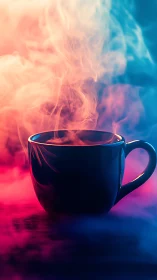 Neon steam symphony swirling above a midnight coffee cup.