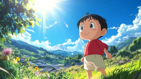 Smiling child explores sunlit mountain valley meadow.