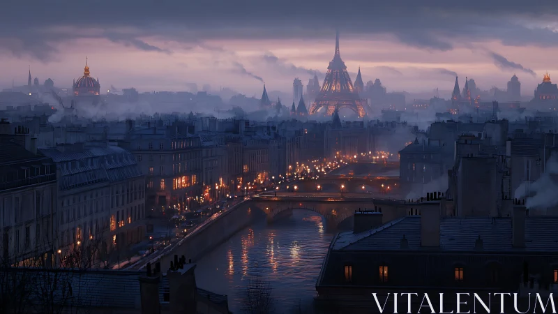 Foggy Paris evening wrapped in soft river lights and glow.