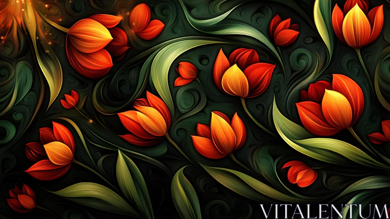 Red tulips with green stems rendered on dark background with ornamental swirls.