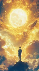 Solitary figure facing radiant celestial sphere and wings.