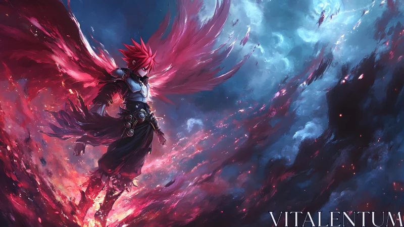 Crimson winged warrior ascending through cosmic stormscape.