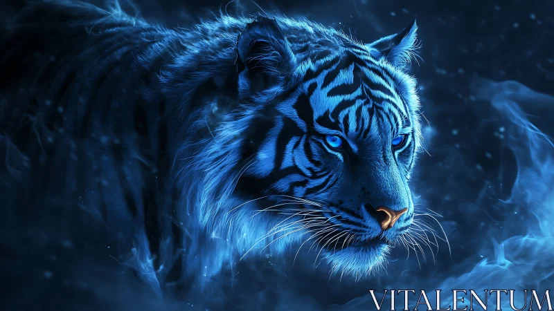 Blue neon tiger portrait in swirling glowing smoke.