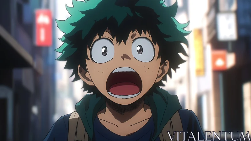Green-haired anime boy on city street with open mouth.