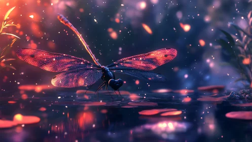 Digital painting of iridescent dragonfly over luminous pond.