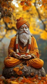 Saffron sage in autumn hush, carved calm and golden stillness.