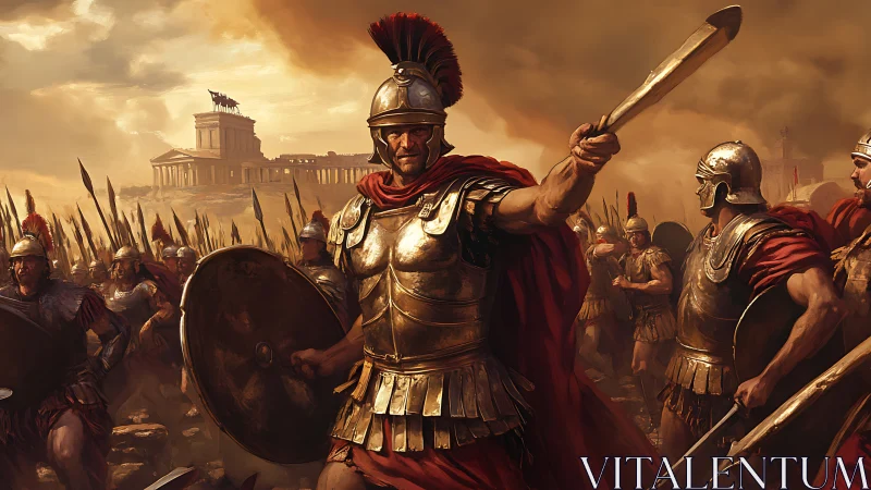 Roman centurion leads legionary charge before distant temple