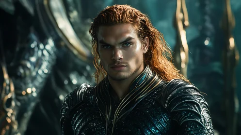Regal ocean warrior with flowing copper hair and calm focus.