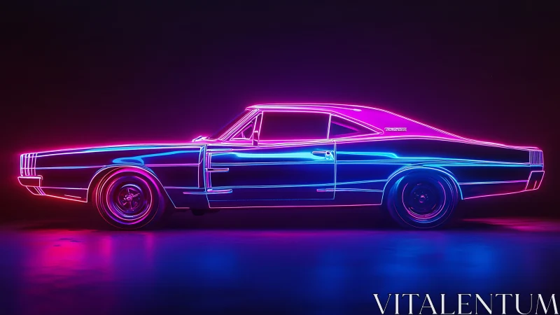Neon muscle car cruising the void in retro synthwave glow.