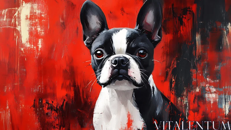 Brush-textured French bulldog portrait contrasts vivid red field