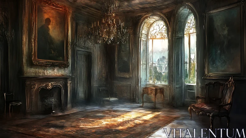 Sunlit abandoned salon renders decaying aristocratic grandeur