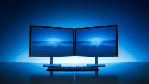 Dual widescreen monitor array with oceanic blue backlight.