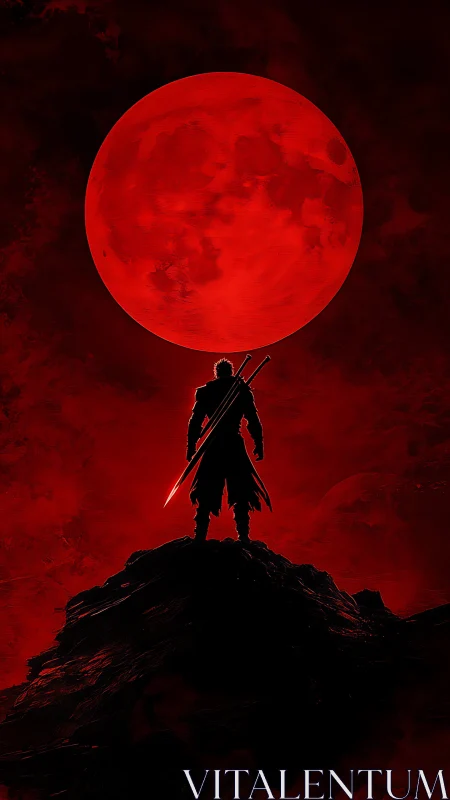 Lone warrior stands beneath a blazing crimson moon.
