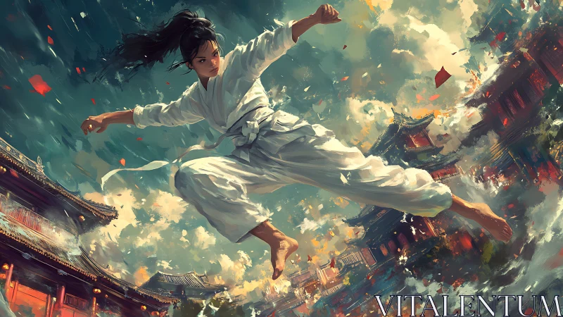 Martial artist midair kick over storm lit traditional rooftops