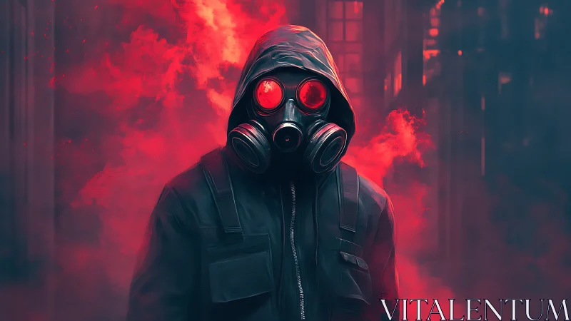 Hooded urban operative in gas mask amid red toxic smoke