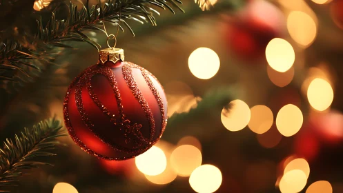 Red glass ornament on evergreen branch with defocused lights.