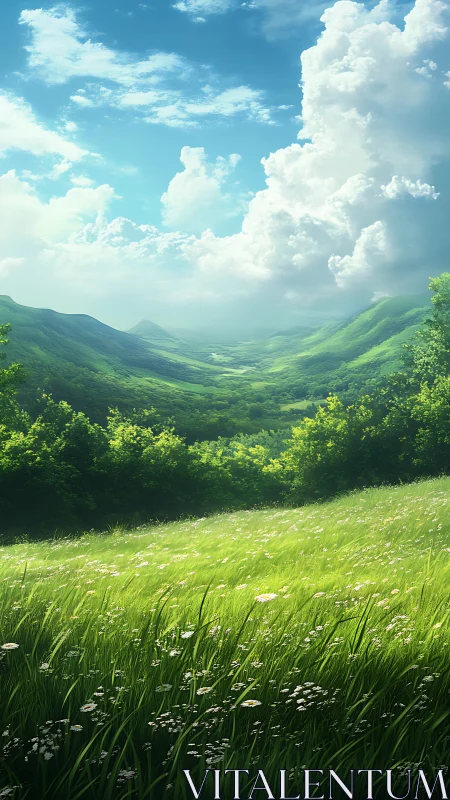 Sunlit meadow unfolds toward distant emerald valleys.