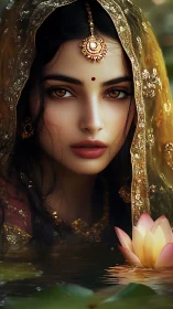 Mystical woman gazes over lotus pond in jeweled veil