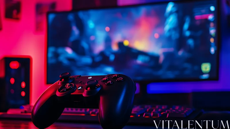 Gaming controller glows under neon-lit immersive setup.