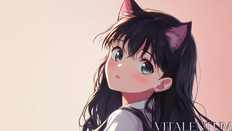 Anime catgirl portrait rendered with soft backlighting and blush tones