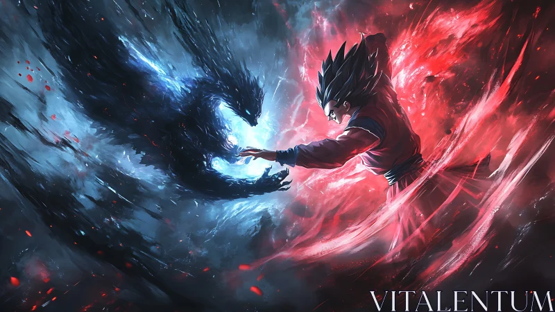 Human figure and shadow creature in red and blue clash.