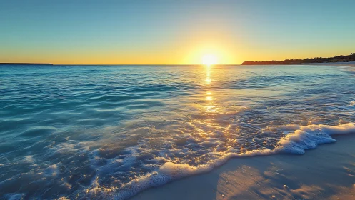 Golden hour shoreline with rippling teal surf and sunburst horizon.