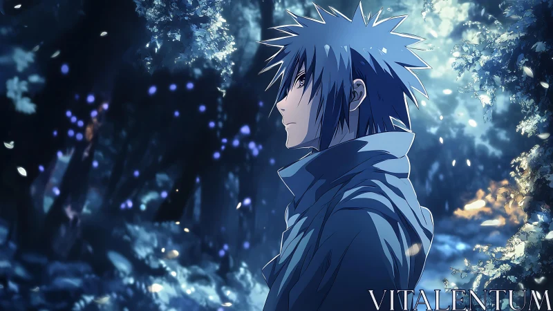 Solitary anime wanderer stands in a glowing, enchanted forest