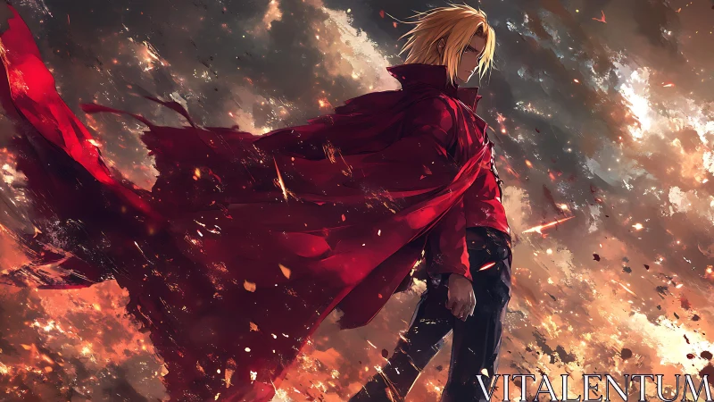Dynamic red-cloaked figure amid turbulent ember-streaked sky.