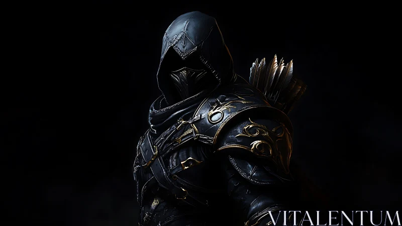 Hooded nocturnal archer in ornate tactical armor portrait.