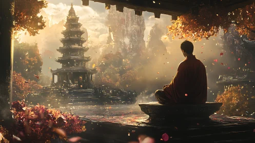 Monk in sunset pagoda courtyard with volumetric dust bloom.