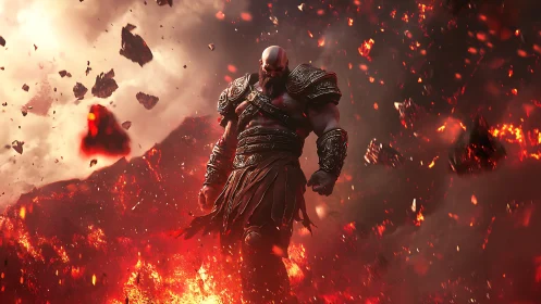 Armored warlord strides through erupting volcanic inferno.