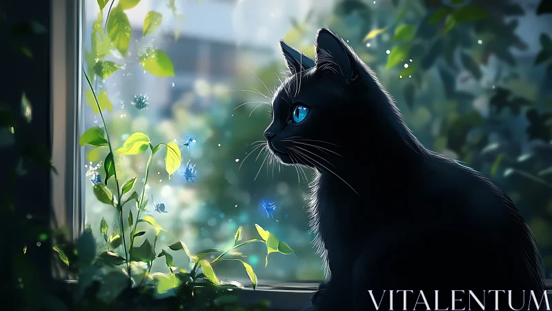 Black Cat with Piercing Blue Eyes Gazing at Illuminated Plants.