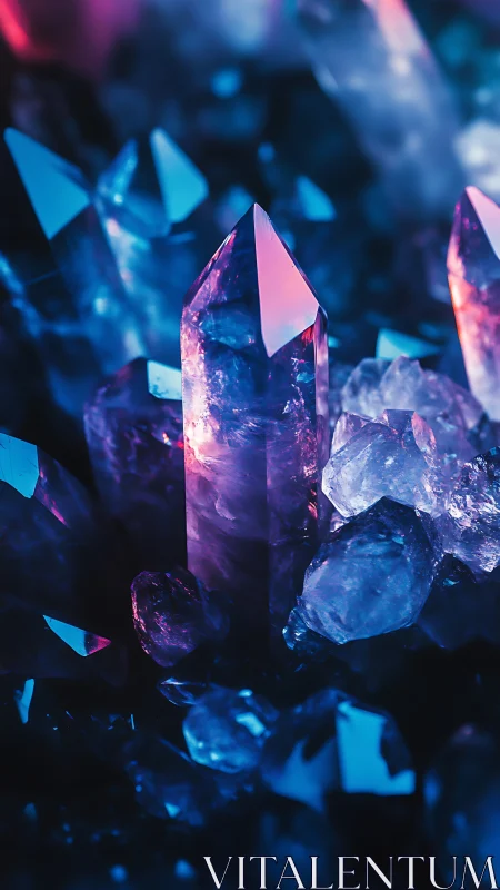 Neon quartz crystals under blue and magenta glow.