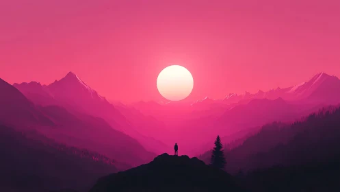 Solitary figure observing stylized pink mountain sunset.