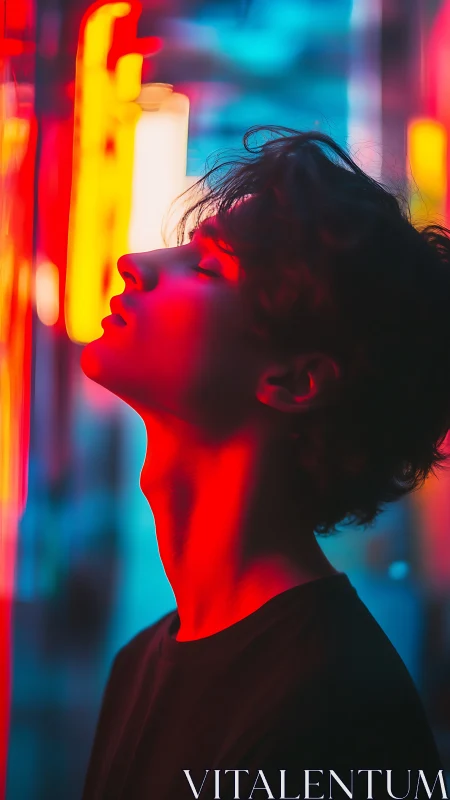 Side-profile portrait in saturated red cyan neon bokeh light