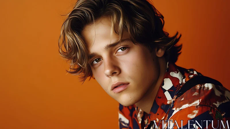 Youthful portrait against vivid orange studio backdrop.