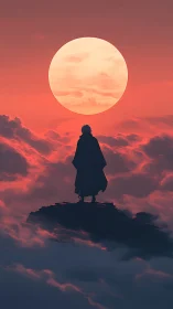 Cloaked wanderer greeting an enormous cloud-washed sun.